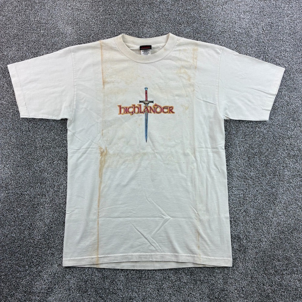 Vintage The Highlander Shirt Mens XL White MacLeod Clan Crest Sword Movie TV